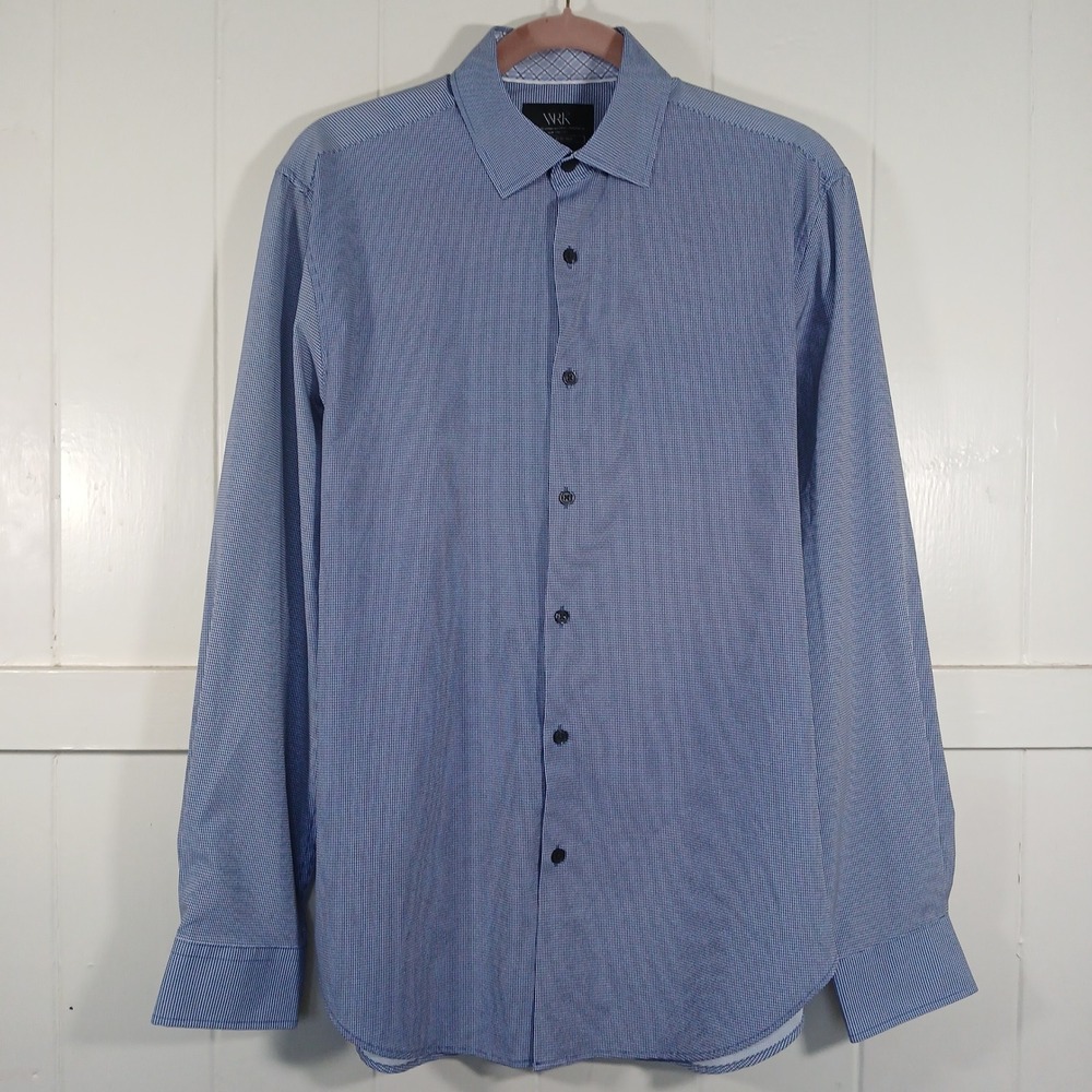 WRK Button Down Shirt Mens 15.5 Blue Houndstooth 4-Way Stretch Slim Fit